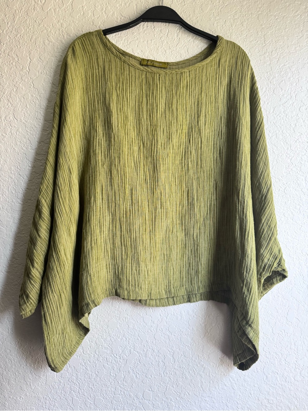 Cut Loose One Size Olive Green Silk Linen Crinkle Gauze Poncho Boxy Top Blouse